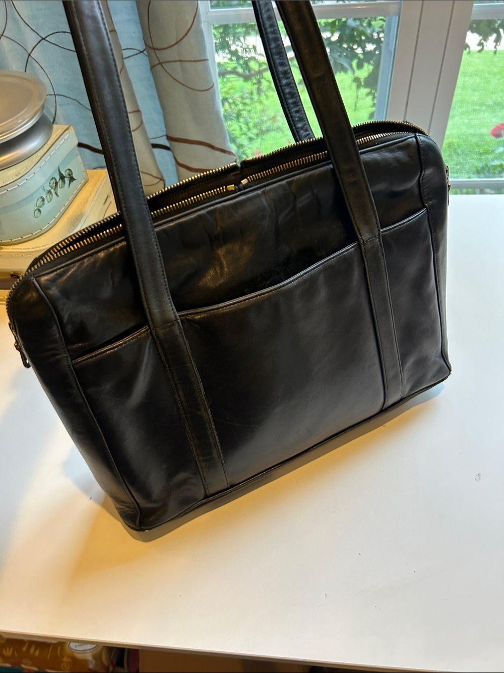 Johnny Farah Classic Black Leather travel shoulder bag organizing collegiate - Picture 2 of 11